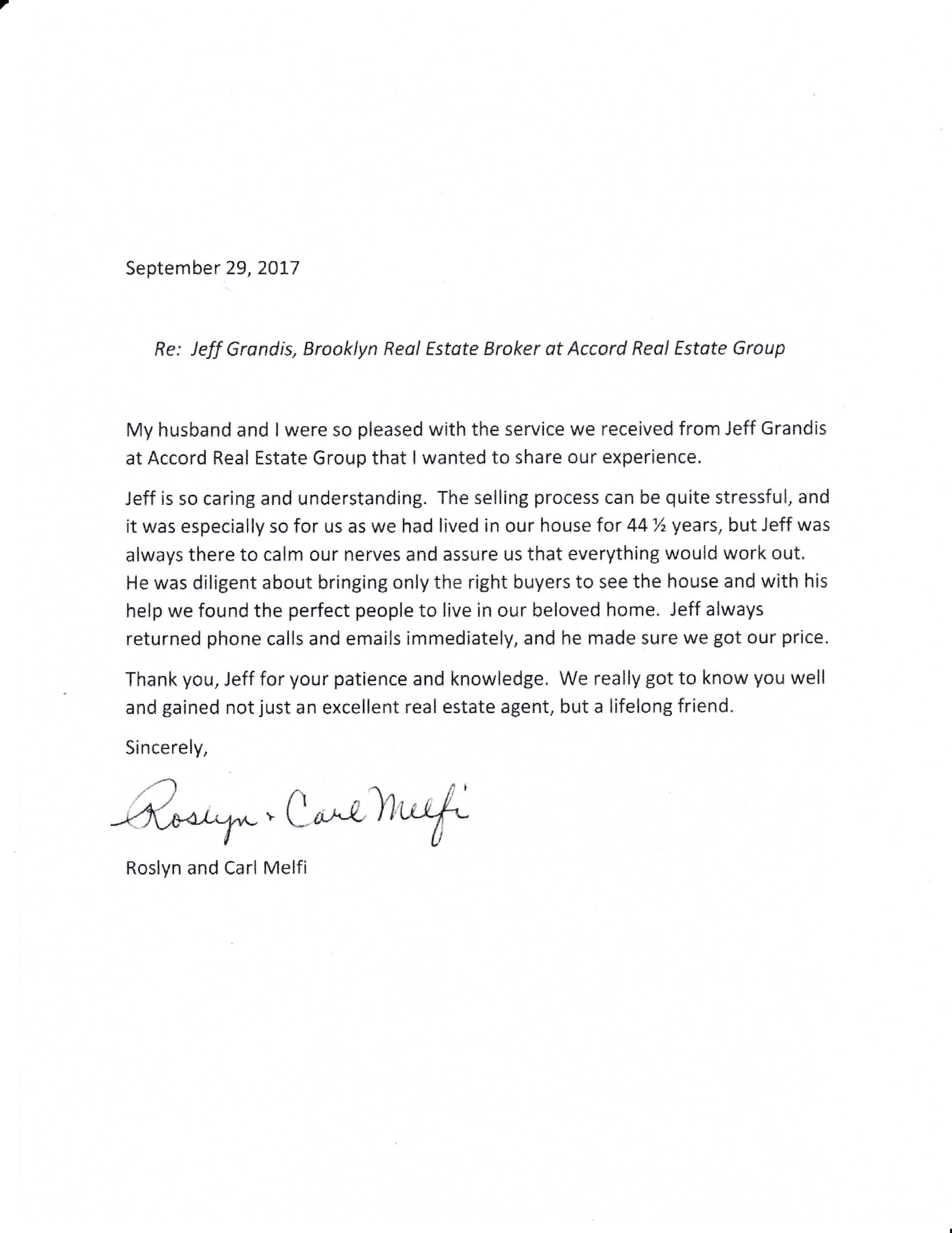 testimonial letter from roslyn and carl melfi