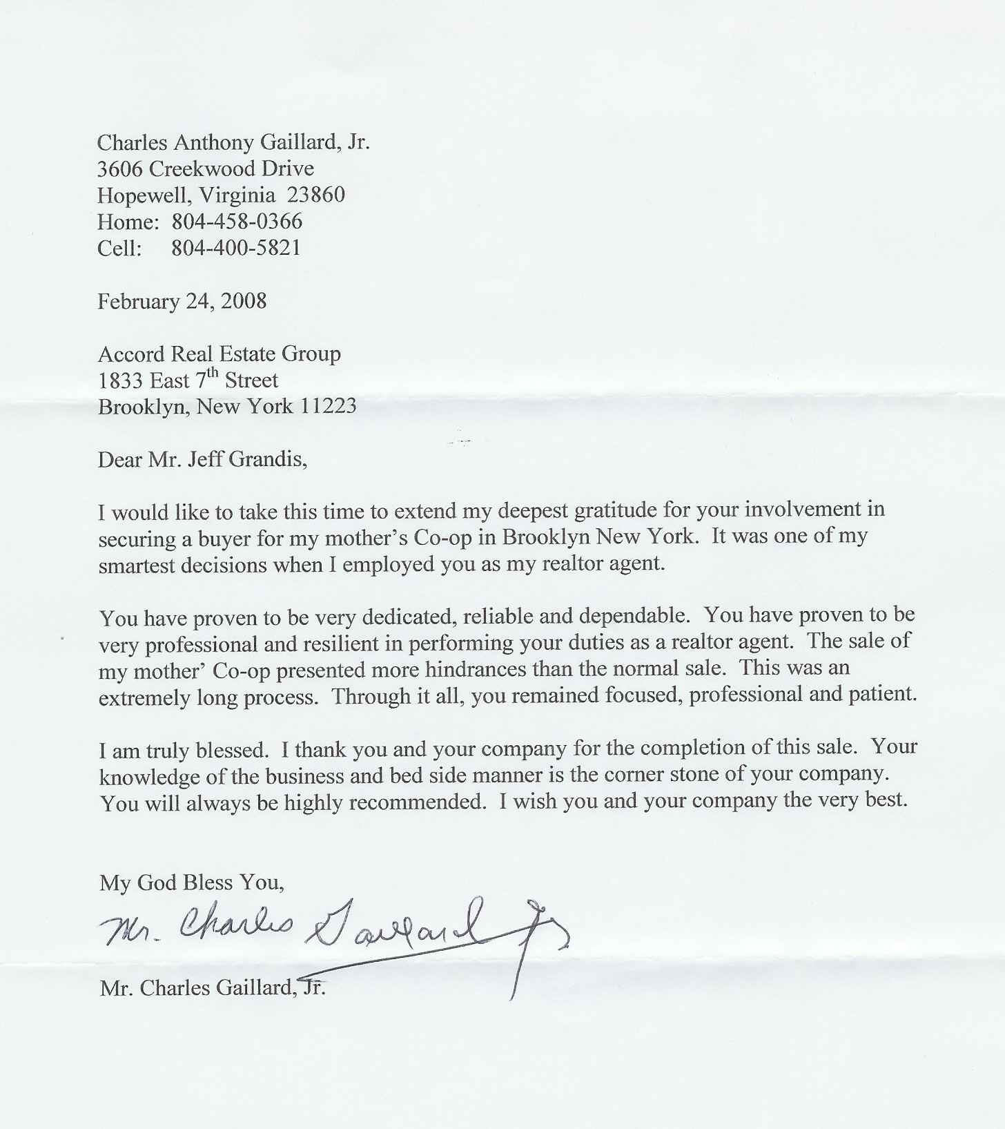 Letter of recomendation from Charles A Gaillard,  Jr.