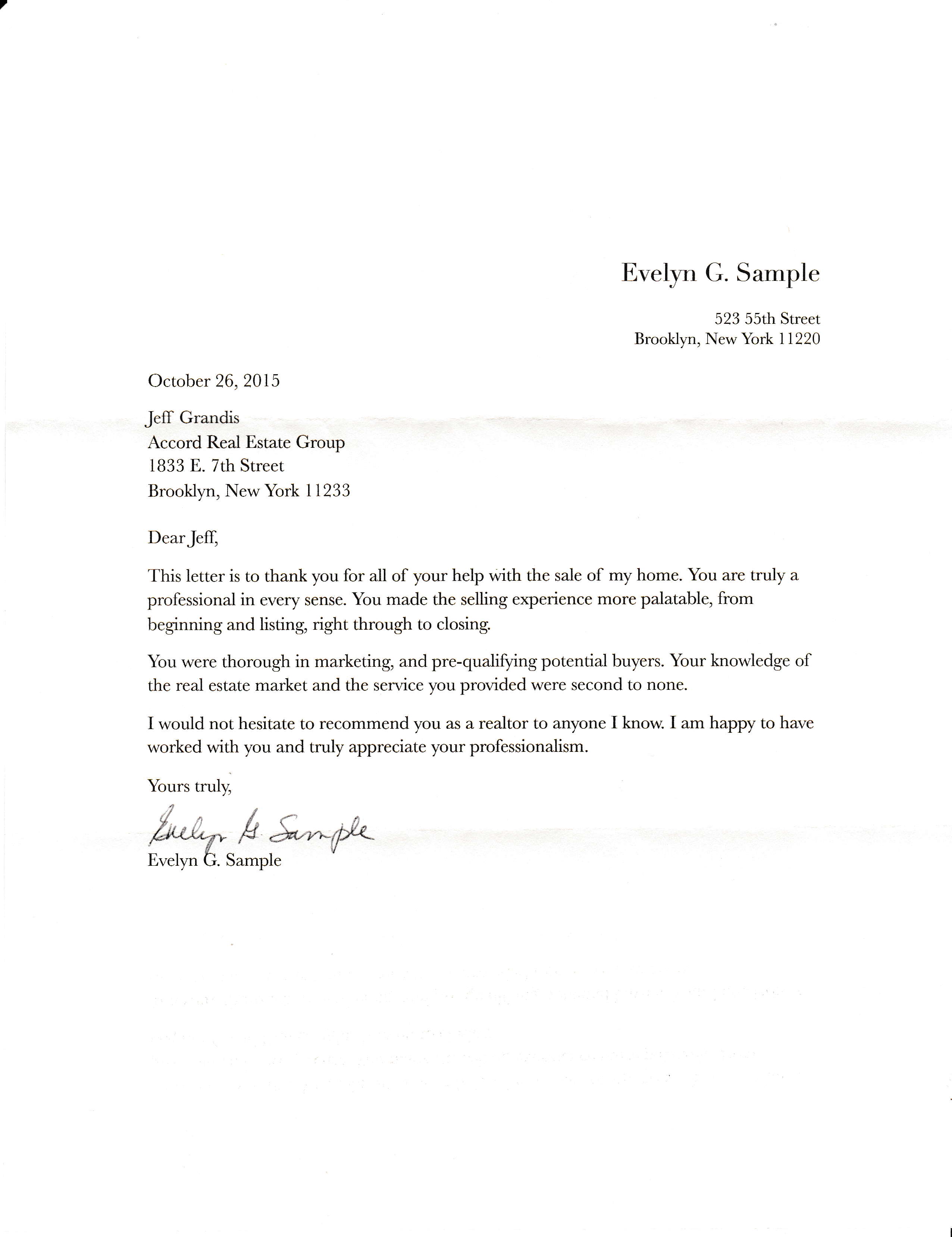 Testimonial Letter from Evelyn Sample
